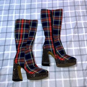 Betsey Johnson plaid below the knee boots